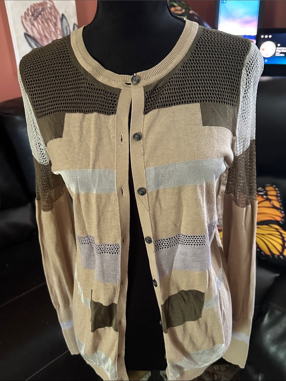 Simply Vera Vera Wang Beige and Olive Striped Knit Cardigan